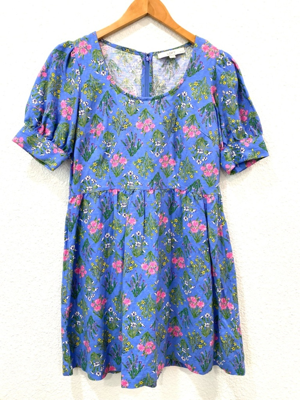 LOFT Dress Women’s 4 Petite Blue Floral Linen Summer Wedding Guest Cottagecore